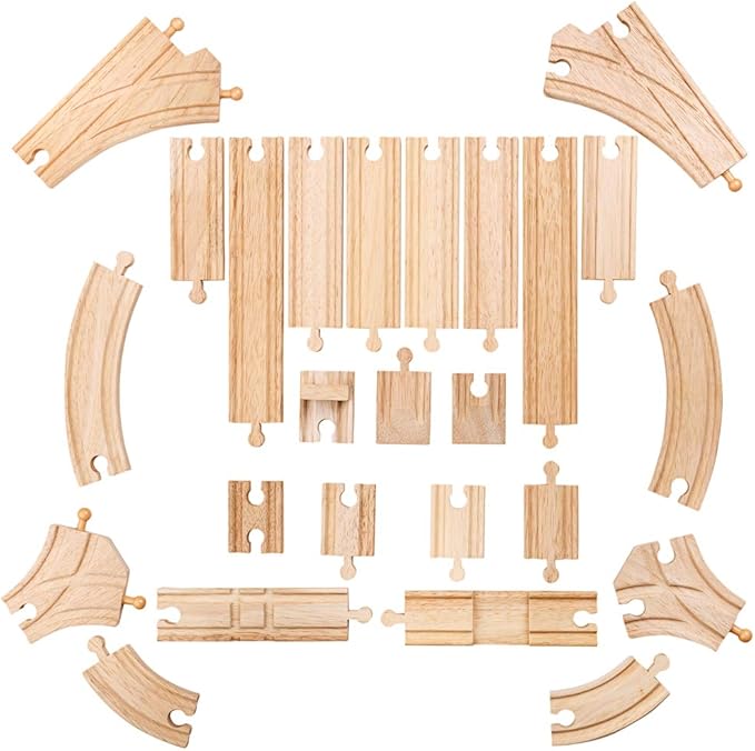 Bigjigs Rail Low Level Train Track Expansion Pack - 25pc Wooden Train Track for Train Sets , Quality Bigjigs Train Accessories , Compatible with most major Wooden Railway Brands
