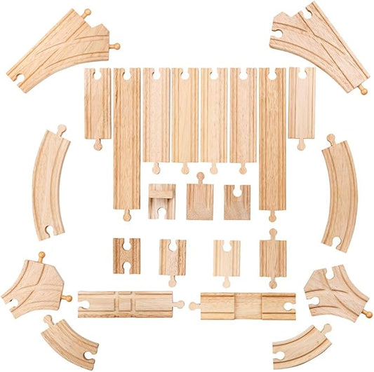 Bigjigs Rail Low Level Train Track Expansion Pack - 25pc Wooden Train Track for Train Sets , Quality Bigjigs Train Accessories , Compatible with most major Wooden Railway Brands