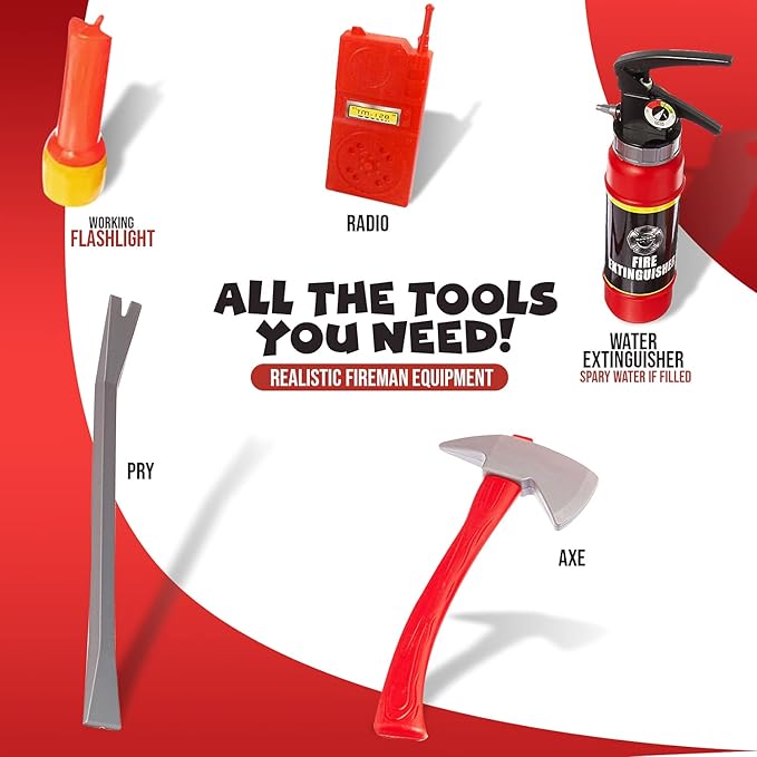 Liberty Imports 10 PCs Fireman Gear Firefighter Costume Role Play Career Dress Up Starter Toy Accessories Pretend Play Set with Helmet, Tools for Kids, Toddlers