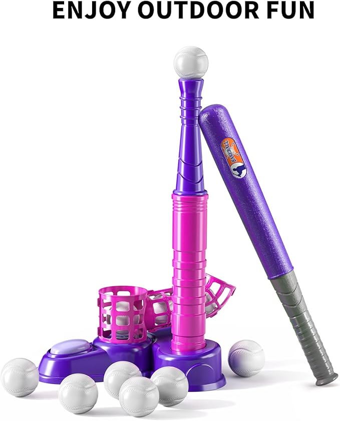 TEMI 2 in 1 Tee Ball Set for Kids 3-8, Kids Baseball T-Ball Set with 10 Balls, Step on Pitching Machine, Batting Tee, Outdoor Sport Toy Games for 3-12 Year Old Boys Girls Toddler