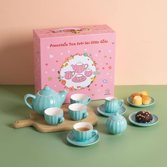 Sweejar Porcelain Tea Set for Little Girls,Kitchen Toys Tea Party Set for Kids Toddler Kitchen Pretend Toy Include Children Teapot, Cup & Saucer Set of 4, Sugar Bowl and Cream Pitcher(Turquoise)