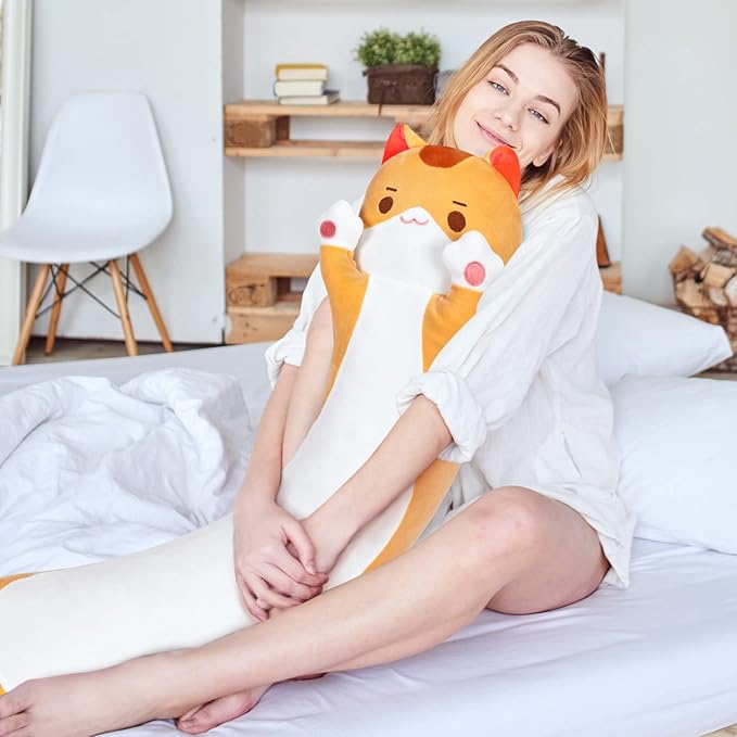 Long Cat Plush Kawaii Kids Plush Toy Pillows, Cute Cat Stuffed Animals Soft Plushies, Kitten Big Plush Toys Throw Body Pillow Doll Gift for Girls Boys (Brown Cat Body Pillow 44 Inch)