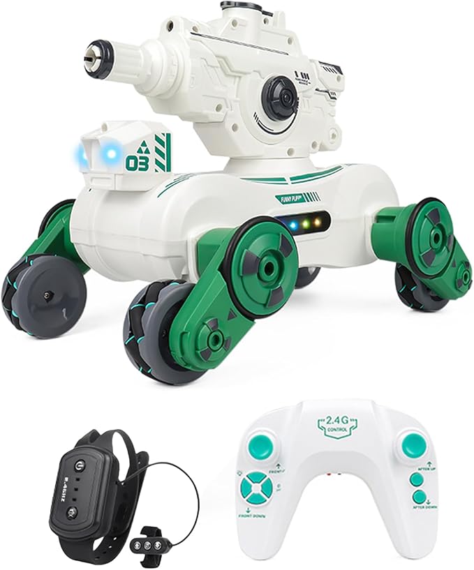 RC Tank That Shoots, RC Stunt Car Shooting Water Bullets, Gesture Sensing Remote Control Tank with 360?Rotation, Spray, Light and Music, 2.4GHz 4WD All Terrains RC Cars for Kids (White)