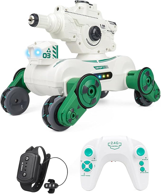 RC Tank That Shoots, RC Stunt Car Shooting Water Bullets, Gesture Sensing Remote Control Tank with 360?Rotation, Spray, Light and Music, 2.4GHz 4WD All Terrains RC Cars for Kids (White)