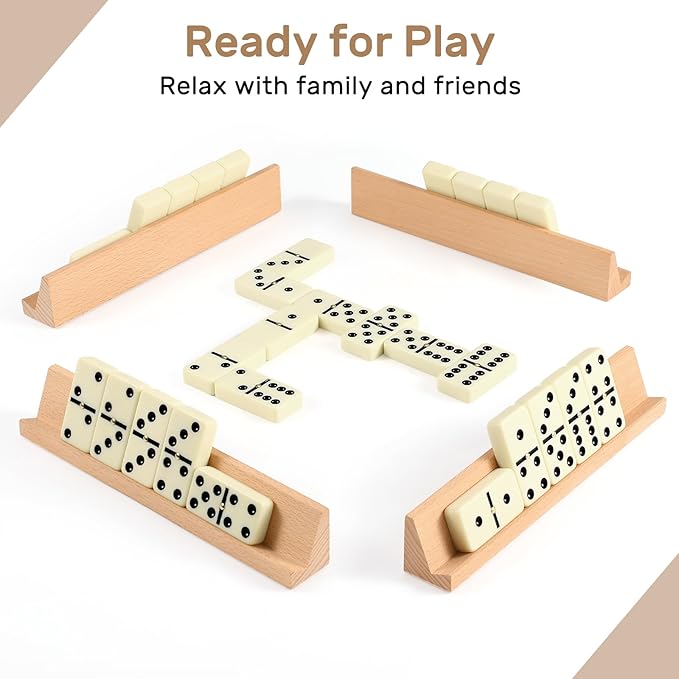 Jumbo Dominos Set for Adults with 4 Wooden Racks/Trays, Double 6 Dominoes Travel Set with Portable Case Double Six Dominoes Set with 4 Tiles Holders, 28 Tiles Dominos Set for Family Board Games