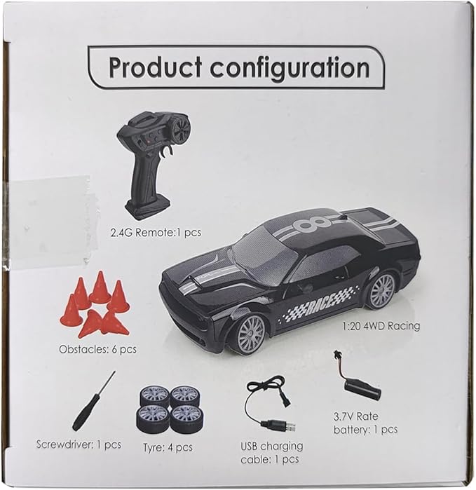 Remote Control Car RC Drift Car 2.4GHz 1:20 Scale 4WD 20KM/H High Speed Remote Control Cars Vehicle with LED Lights Drifting Tire 2Pcs Rechargeable Batteries Toy Cars for Adults Boys Girls (Black)