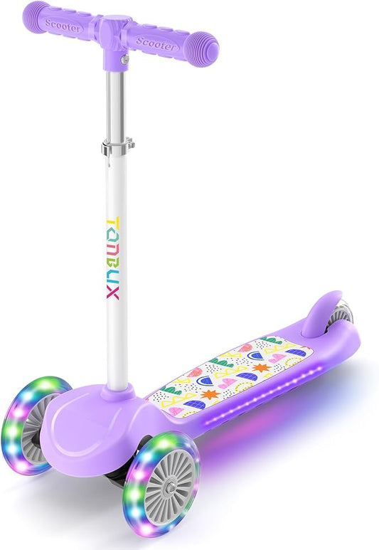 TONBUX Kids Scooter for Ages 3-5, Toddler Scooter with Light-Up Deck and Wheels, Adjustable 4-Level Height 3-Wheel Scooter for Kids, Lean-to-Steer Design