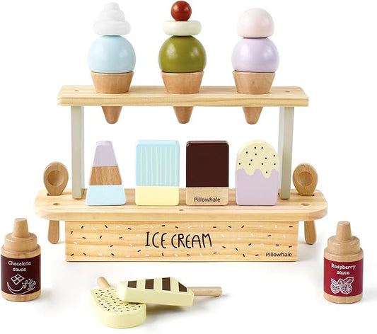 Wooden Ice Cream Toy, Pretend Play Food Toys, Ice Cream Counter Set for Kids, Kitchen Accessories for Toddlers Girls Boys Ages 3+