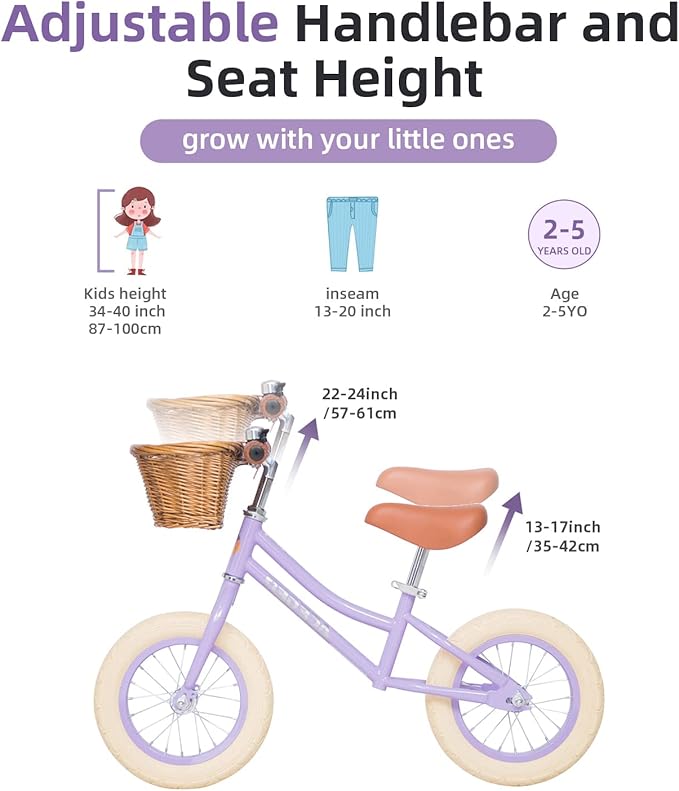 ACEGER 12" Kids Balance Bike with Basket, No Pedal Toddler Bicycle for Early Learning Leg Strength and Steady Balancing, Durable Frame&Tool-Free Adjustable Seat, Gift Bike for 2-5 Kids