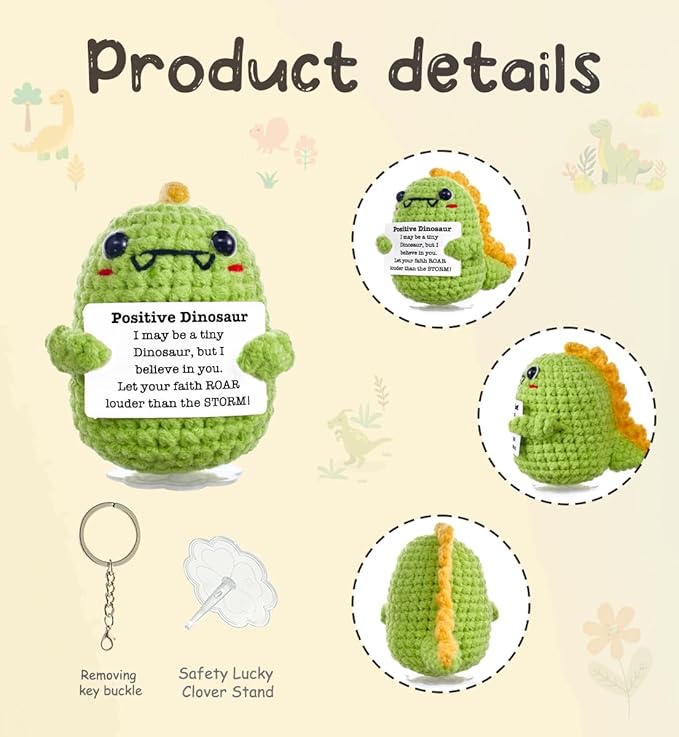 Funny Easter Basket Stuffers Positive Crochet Animals Dinosaur, Stress Relief Gifts for College Student Graduation Boyfriend Husband Women Birthday Desk Decor(Green Dinosaur)