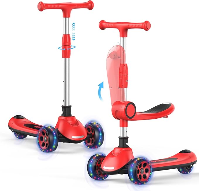 Kids Kick Scooter,Adjustable Height Handlebars and Removable Seat Scooters for Kids,3 Lighted Wheels Anti-Slip Deck Toddler Scooter for Boys & Girls Aged 3-12 up to 132 Lbs.