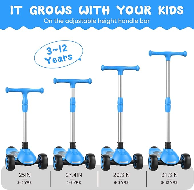 Kids Kick Scooter,Adjustable Height Handlebars and Removable Seat Scooters for Kids,3 Lighted Wheels Anti-Slip Deck Toddler Scooter for Boys & Girls Aged 3-12 up to 132 Lbs.