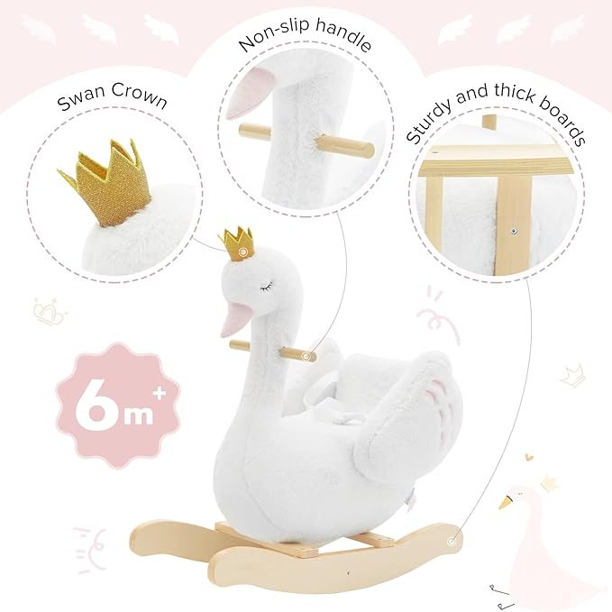 labebe Kids Rocking Horse White Swan with Little Plush Doll Toys, Stuffed Animal Wooden Rocker for Children 6 Months Boys and Girls/Nursery Christmas, Birthday Gift (Rocking Swan)