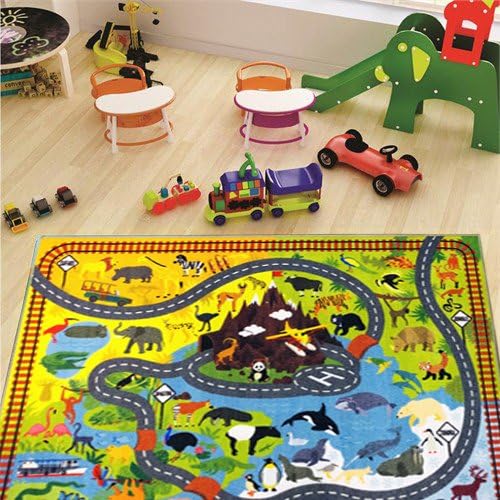 KC Cubs Playtime Collection Animal Safari Road Map Learning and Game Area Carpet for Kids and Children Bedrooms and Playroom (5' 0" x 6' 6") Educational Rug, 5 ft x 6 ft (6 in), Multi