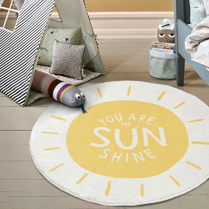Poowe Sunshine Soft Plush Round Rug for Kids Room - 3.3 ft Alphabet Non Slip Nursery Bedroom Playroom Washable Classroom ABC Circle Rug for Kids Baby Toddlers