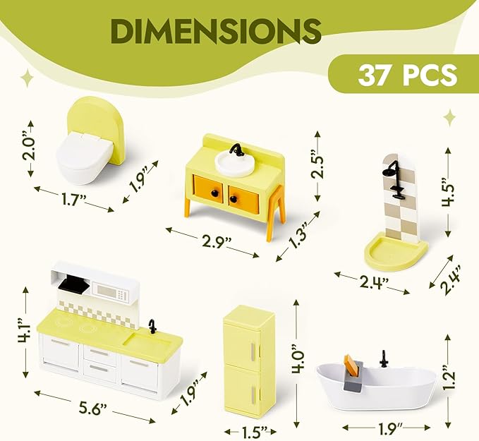 Giant bean 37pcs Green Wooden Plastic Dollhouse Furniture Kitchen and Bathroom Set, Modern Wood Dollhouse Accessories Pretend Play Furniture Toys for Boys Girls Toddlers & Kids 3+