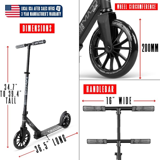 Large Folding Kick Scooter for Adults and Teens – Adjustable Handlebar – Big 200mm Wheels – Lightweight Durable Folding Frame – 220lbs Capacity – Madd Gear Scoot 200