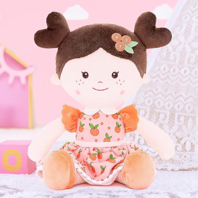 Onetoo Baby Soft Dolls Girls First Baby Doll Sleeping Cuddle Buddy Dolls Plush Rag Doll for Girls Wear Orang Dress 14"