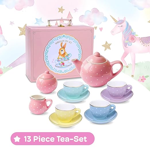 Jewelkeeper 13 Piece Complete Toddler Porcelain Tea Party Set - Exquisite Tea Cup Set for Little Girls - Includes Sugar Bowl, Creamer, Saucers in a Carrying Case - Colorful Pastel Dots