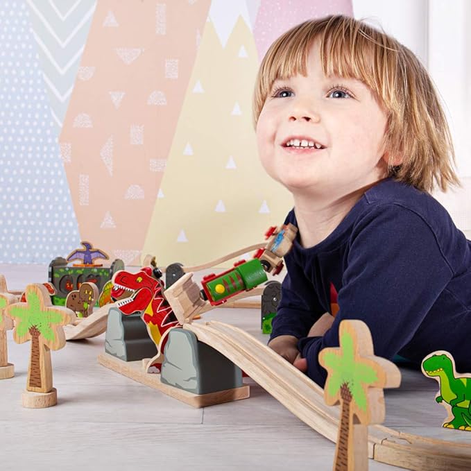 Bigjigs Rail, T-Rex Bursting Bridge, Wooden Toys, Dinosaur Toys, Bigjigs Train Accessories, Dinosaur Track, Wooden Train Sets, Trains for Kids, Bigjigs Trains