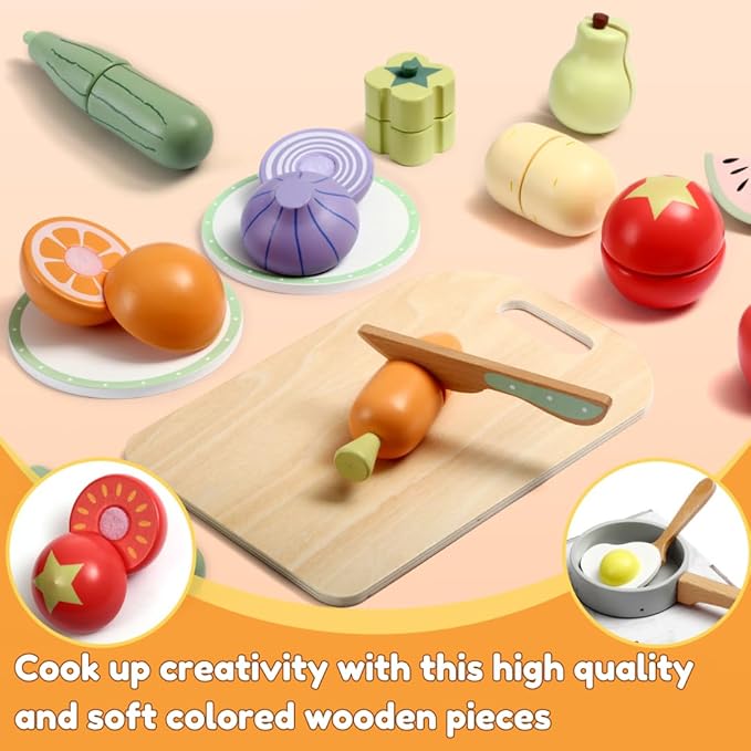 Wooden Food Set for Kids with Cookbook Magical Recipes, Wood Velcro Cutting Fruit and Vegetables Toy for Toddlers, Cooking Pretend Play, Kitchen Accessories, Early Education Toys