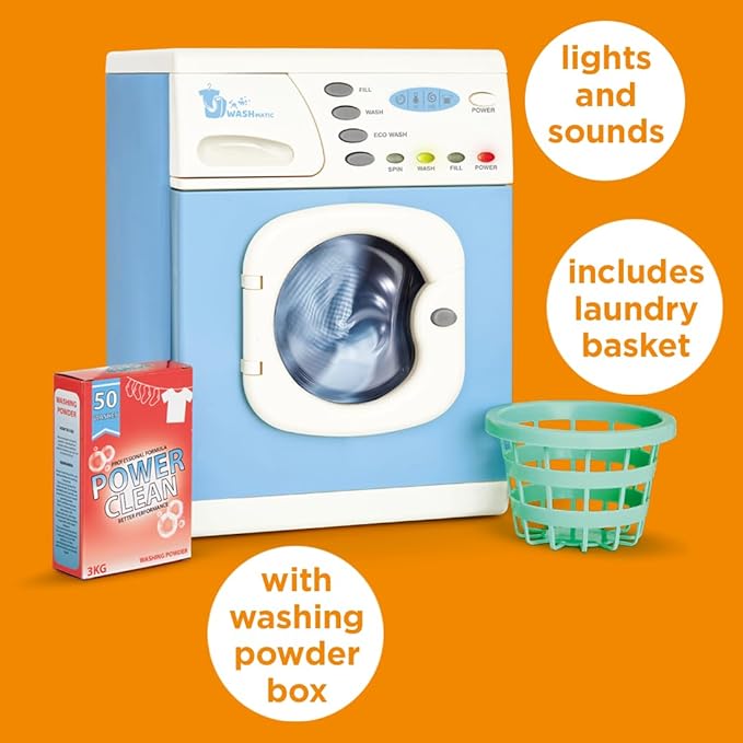 Casdon Blue Electronic Washer - Toy Washing Machine with Spinning Drum, Lights, & Sound Effects - Includes Laundry Basket & Washing Powder Box - Playset for Children Aged 3+