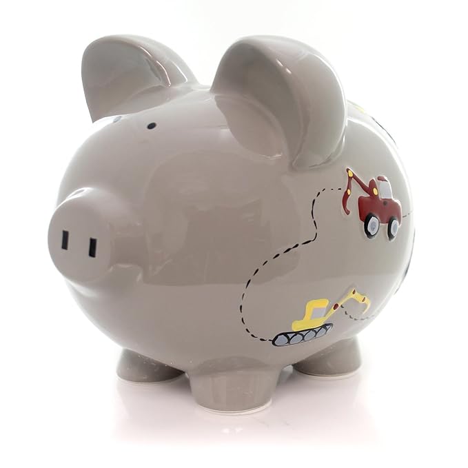 Child to Cherish Ceramic Piggy Bank for Boys, Construction Trucks, Grey