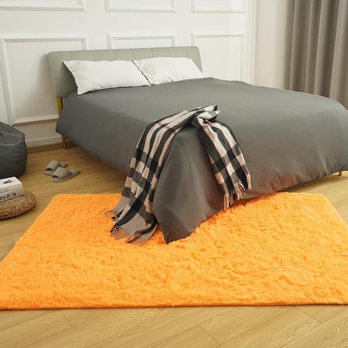 Amearea Shag Fluffy Area Rug for Bedroom Girls Living Room, Extra Soft and Fuzzy Shaggy Rugs, Non Slip, Solid Color Carpet Mat for Boys Nursery Home, Orange 6x9 Feet