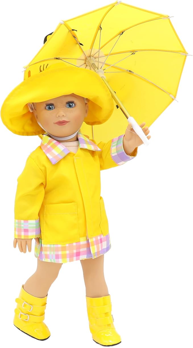 Playtime by Eimmie 18 Inch Doll Clothes and Accessories - Yellow Raincoat Set with Hat, Boots & Cat Face Umbrella - Clothing Sets & Stuff - Fits American, Generation & Other 18" Dolls for Girls