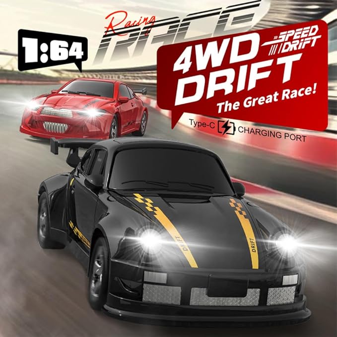 Desktop Drift Car for Boys Kids Adults, 1/64 Scale Remote Control Car with LED Lights, 4WD Mini RC Drift Cars for Race, Children's Gifts and Toys