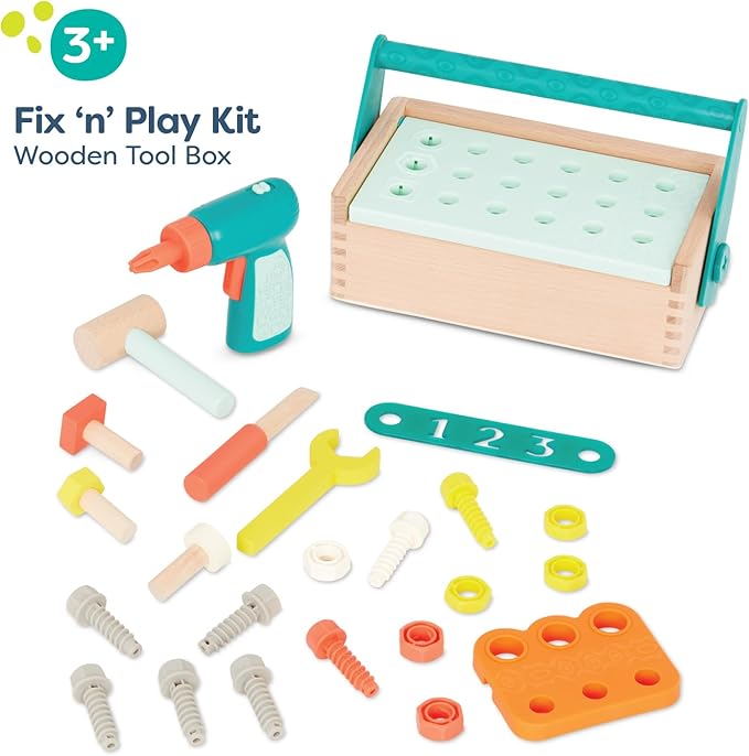 B. toys- Fix ‘n’ Play Kit- Pretend Play Tool Box – Wooden Toolbox & Accessories (25 Pcs) – Carpenter Set for Kids – Play Set with Drill, Hammer, Screwdriver & More – 3 Years +