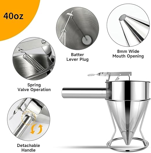 Multi-Caliber Pancake Batter Dispenser, Stainless Steel Funnel Cake Dispenser, Piston Funnel Cake Maker for Pancakes, Cupcakes,Crepes,Muffin,Waffles, Chocolate Balls (1200)