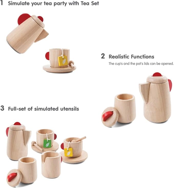 PlanToys Wooden Tea Set (3433) | Sustainably Made from Rubberwood and Non-Toxic Paints and Dyes