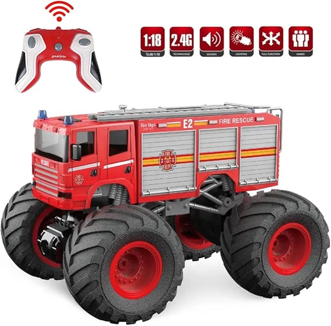 Remote Control Monster Truck - 1:18 Scale RC Fire Truck, 2.4GHz Big Wheel School Bus With Lights, Sounds, Rechargeable Electric Toy Stunt Jam Car for Kids, Boys, Girls