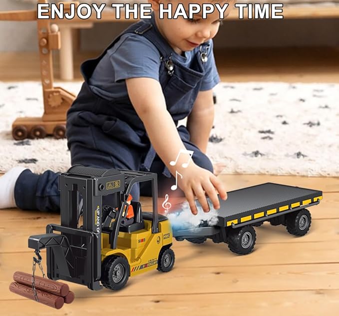 Remote Control Forklift with Flatbed Truck, 11 Channel RC Forklifts with Spray, Cool Lights & Sound, 2 in 1 Lift Fork & Hook, Crane Construction Toys for Boys, Birthday Gift for Kids 3+