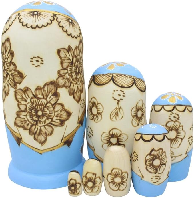 Winterworm® Cute Little Girl with Big Braid Handmade Matryoshka Wishing Dolls Russian Nesting Dolls Set 7 Pieces Wooden Kids Gifts Toy Home Decoration Sky Blue