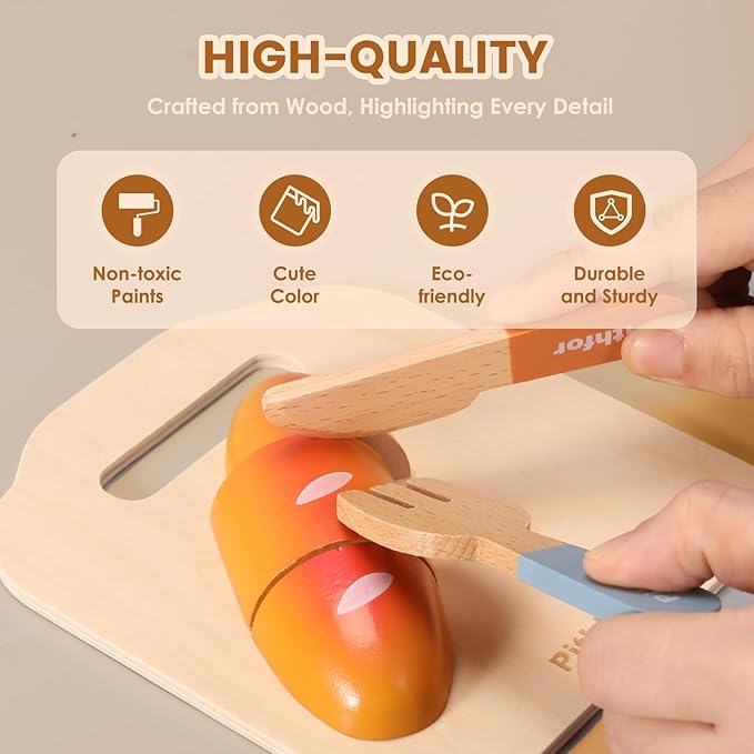 Picnic Playset, Wooden Play Food Set for Kids Kitchen, Cutting Pretend Play Kitchen Food Toy for Toddlers Girls Boys 3 4 5 Years Old