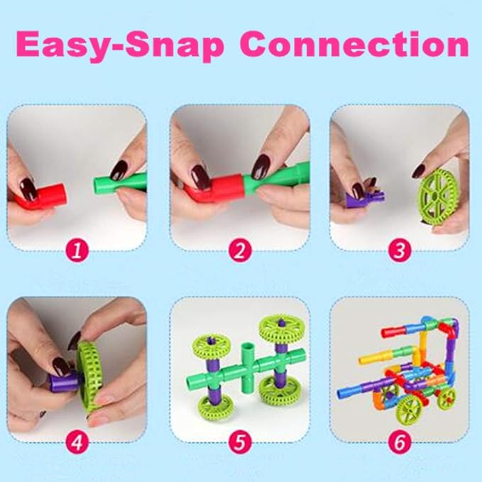 burgkidz 426 Pieces Toy Pipe, Creative STEM Tube Locks Construction with Wheels and Mini Baseplate, Interlocking Educational Sensory Kit, Preschool Learning Toys for Boy and Girls Ages 3+