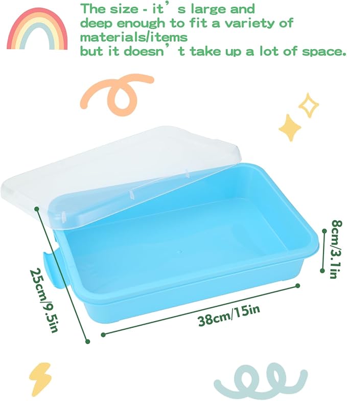 Sensory Bin Sand Tray with Lid for Toddlers 2 Pcs 15in Portable Sandbox Toy Large Plastic Tray for Kids 3 4 5 6 Fill with Sand, Water, Beads, and More (Green+Blue)
