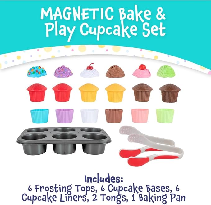 Magnetic Bake & Play Cupcake Toy Set, Bakery Pretend Play for Toddlers, 20 Pieces