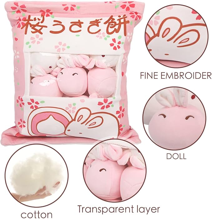 ARELUX Cute Bunny Plush Pudding Pillow:Snack Pillow Toys Bag Removable Stuffed Animal 8Pcs Sets Creative Plush,Soft Sakura Bunny Plushie Throw Pillow,Dolls Friends Family Member