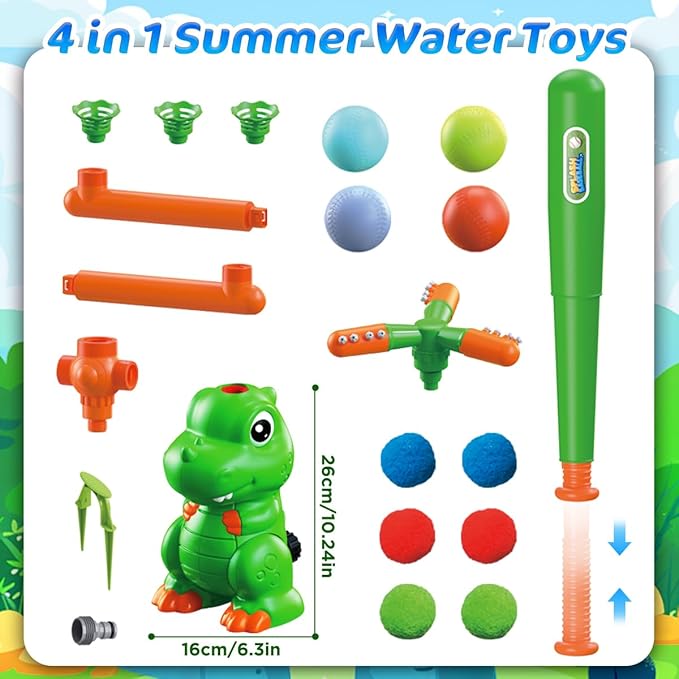 4-in-1 Dinosaur Water Sprinkler Baseball Toys,360° Spinning Water Play Game, Water Baseball, Water Splashing Toy for Kids Outdoor, Summer Backyard Lawn Pool Party Fun for Boys Girls (Green)