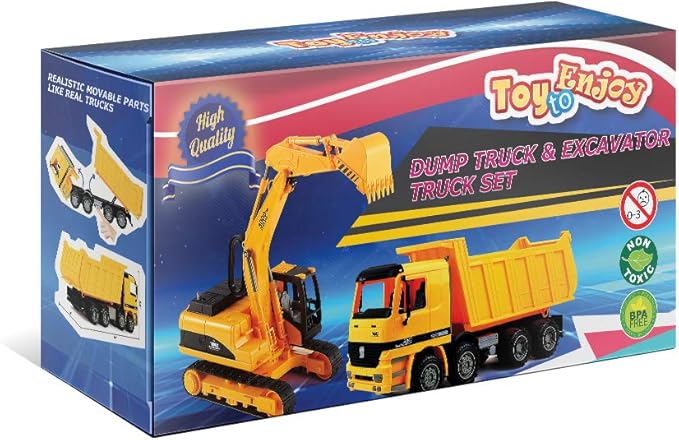 Toy To Enjoy Construction Toys - Excavator & Dump Truck Toy for Kids (Set of 2) – Moveable Claw & Lifting Back – Garbage Truck & Bulldozer Digger – Construction Vehicles for Boys & Kids