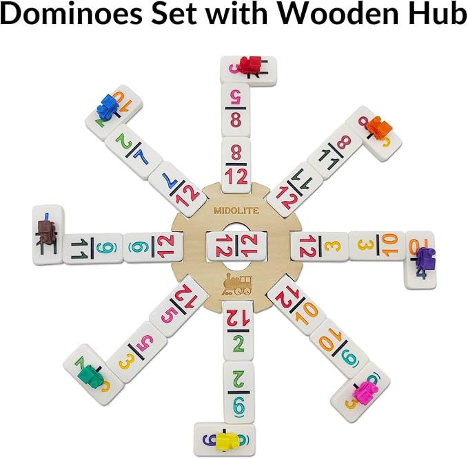 Mexican Train Dominoes Set with Numbers and 8 Wooden Racks, Double 12 Domino Travel Set with Wooden Hub, 91 Colored Domino Tiles Game Set with for Family Game Night