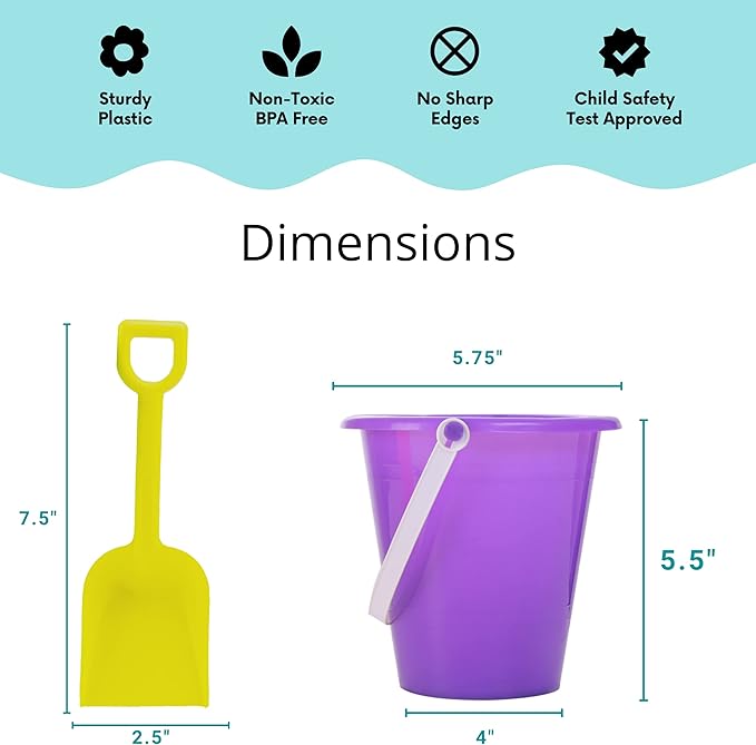 12 Sets 5.5" Sand Buckets and Shovels for Kids Bulk (12 Pack) Small Beach Bucket for Summer Outdoor Sand Toys, Party Favors, Basket Stuffers, End of Year Student Gifts from Teacher