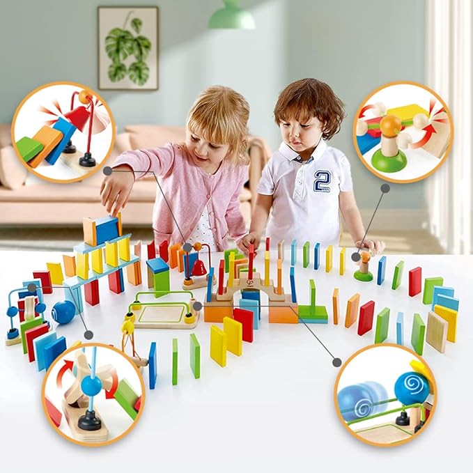 Hape Dynamo Wooden Domino Set Award Winning Domino Racing Building Block Set for Kids, 107 Solid Pieces of Fun Filled Racing, Building and Stacking