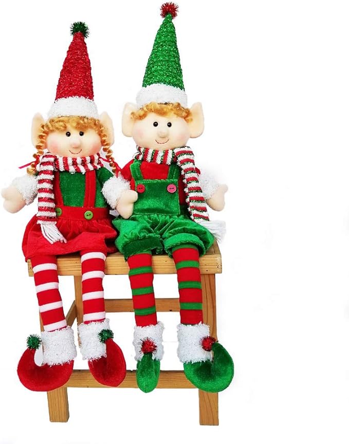 Christmas Elves 24" Decorations Dolls Big Plush Figurines Packed in Color Box Soft Stuffed Holiday Ornaments Xmas Decor Adorable Gifts Boy and Girl Set of 2