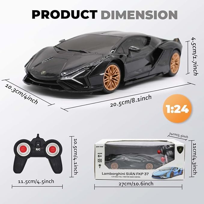 QUN XING Remote Control Car 1:24 Officially Licensed 2.4GHZ Rc Cars Lambo Sport Racing Toy Car for Kids Boys 4-7 Years Black