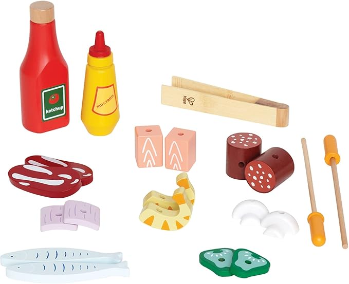 Hape Wooden Gourmet Grill and Shish Kabob| Pretend Playset Cooking Sets with Play Food for Kids
