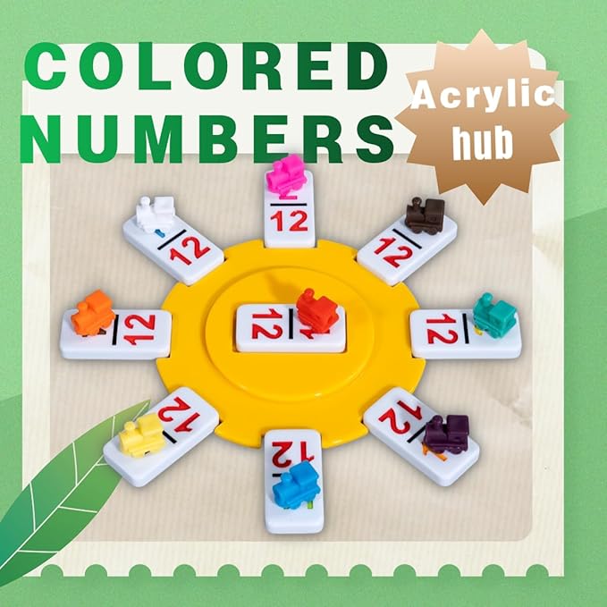 Mexican Dominoes Set in WoodenCase Double 12 Colored Numbers Set with Acrylic Hub, 91 Numbered Domino Tiles, 9 Trains, Family Game for Kids and Adults (Colored Numbers)